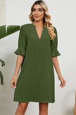Green Notched Flounce Sleeve Mini Dress