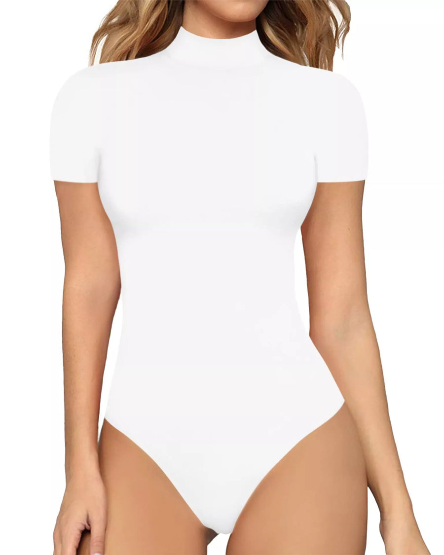 White bodysuit worn by a model on a white background