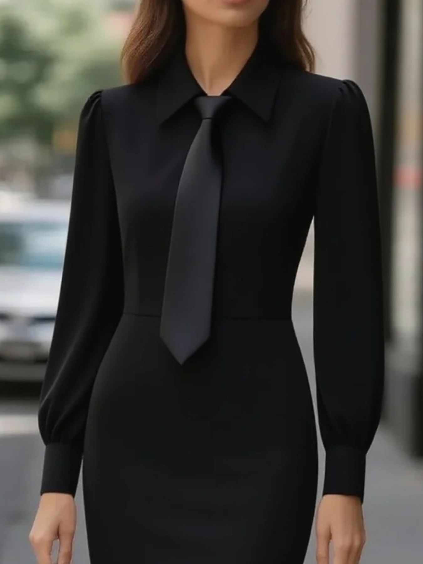 Person wearing a black dress with a tie in an urban setting