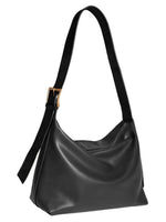 Black shoulder bag with a gold buckle on a white background