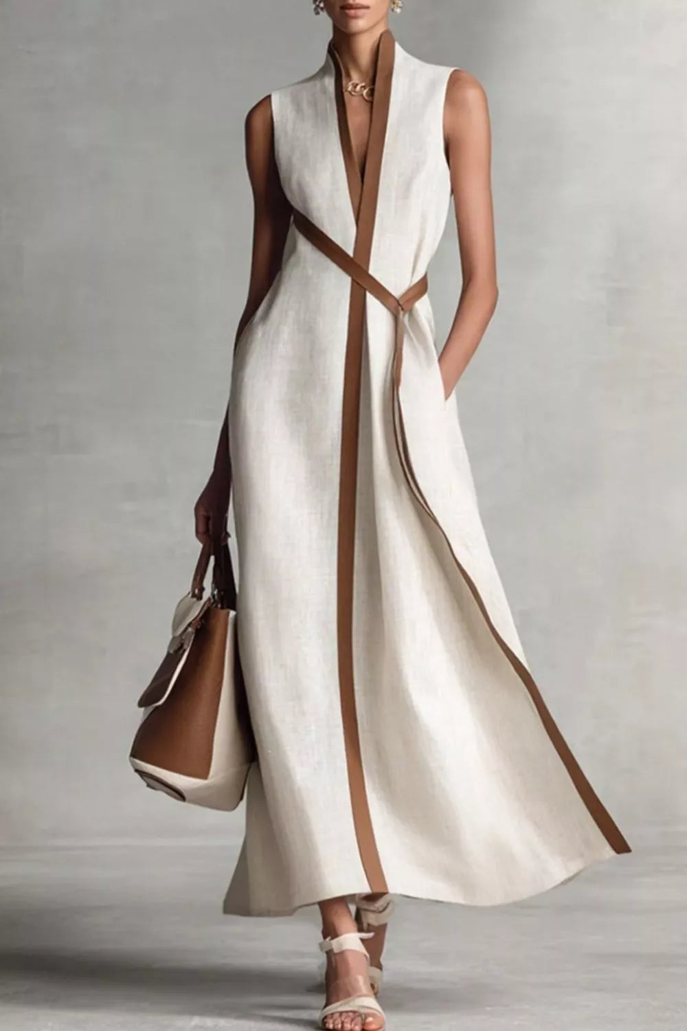 Woman wearing a long white dress with brown accents against a gray background