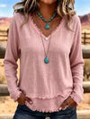 Women's V-Neck Long Sleeve Blouse with Frayed Hem Detail