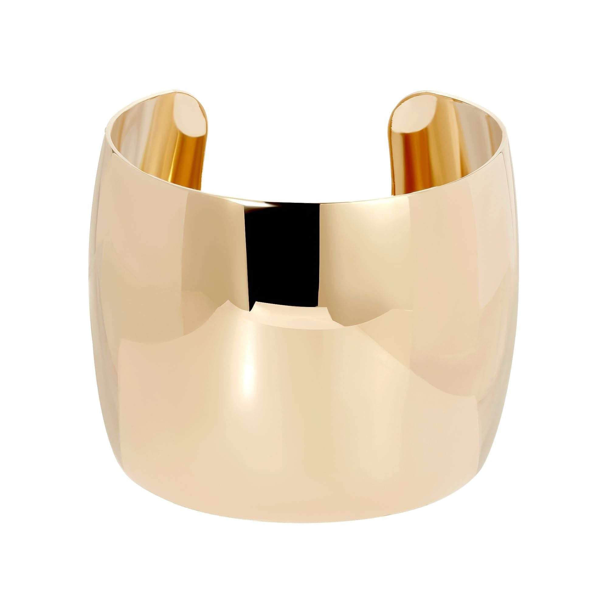 A gold-colored, slightly domed cuff bracelet with a high polish finish.