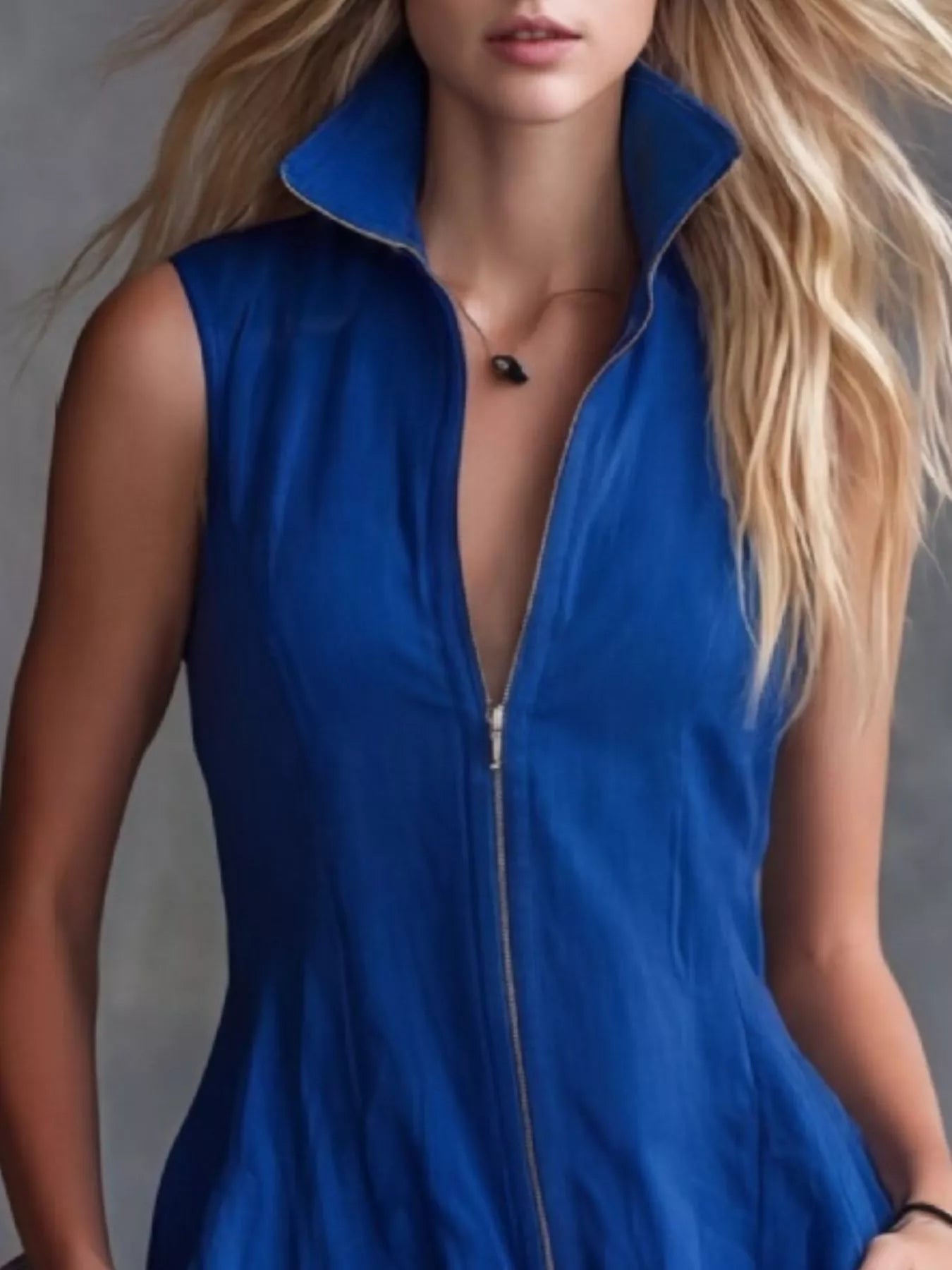 Woman wearing a blue sleeveless dress with a zipper detail against a neutral background