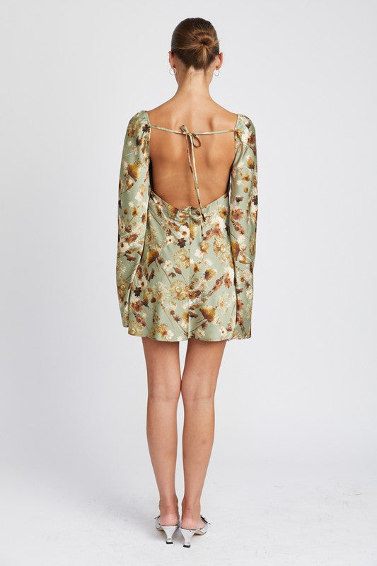 Back view of FLORAL LONG SLEEVE MINI DRESS WITH OPEN BACK