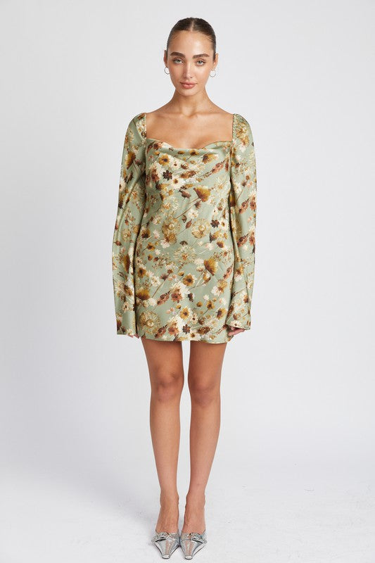 Full view of FLORAL LONG SLEEVE MINI DRESS WITH OPEN BACK