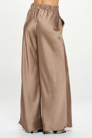 Back view of Stretch Satin Pants w/ Elastic Waist and Pockets