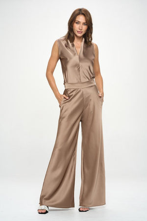 Front view of Stretch Satin Pants w/ Elastic Waist and Pockets
