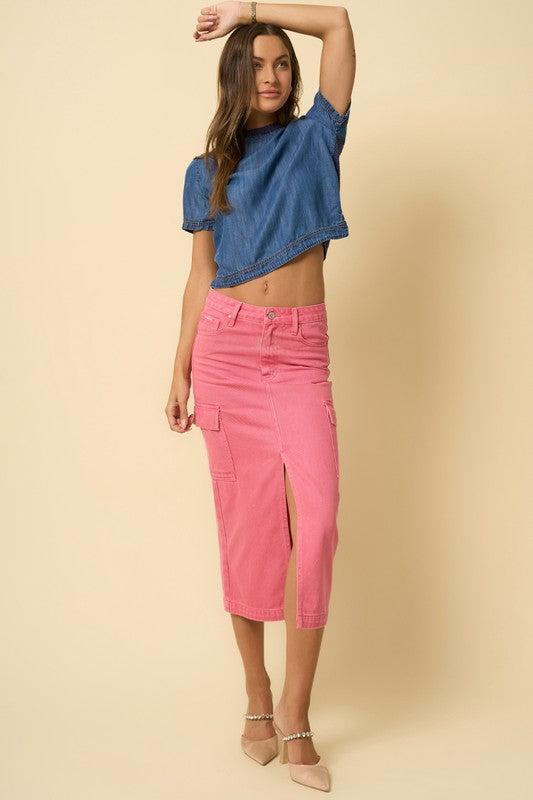 Front view of COLOR CARGO MIDI SKIRT