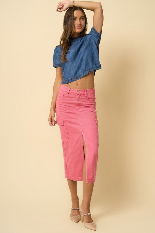 Front view of COLOR CARGO MIDI SKIRT