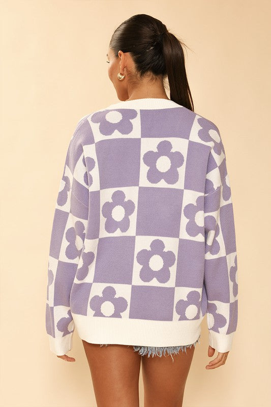 Back of Checkered flower knit cardigan