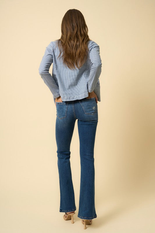 Close up of HIGH RISE FLARE JEANS