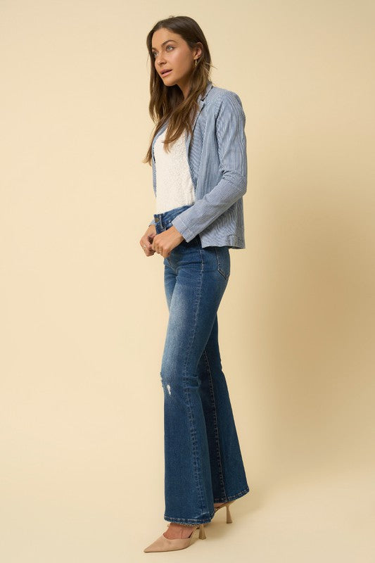 Left side of HIGH RISE FLARE JEANS