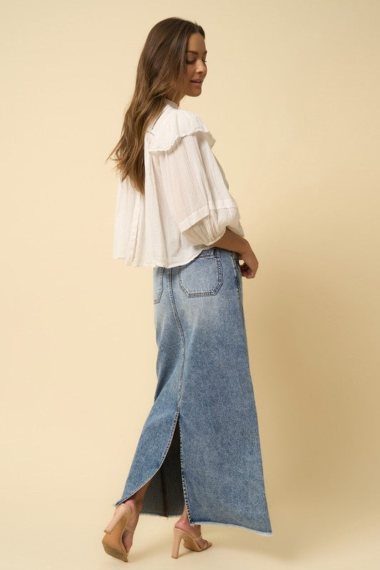 Right side view of HIGH RISE FLARED MAXI SKIRT