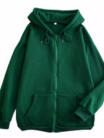 A dark green full-zip hoodie with a drawstring hood and front pockets, shown against a plain white background.