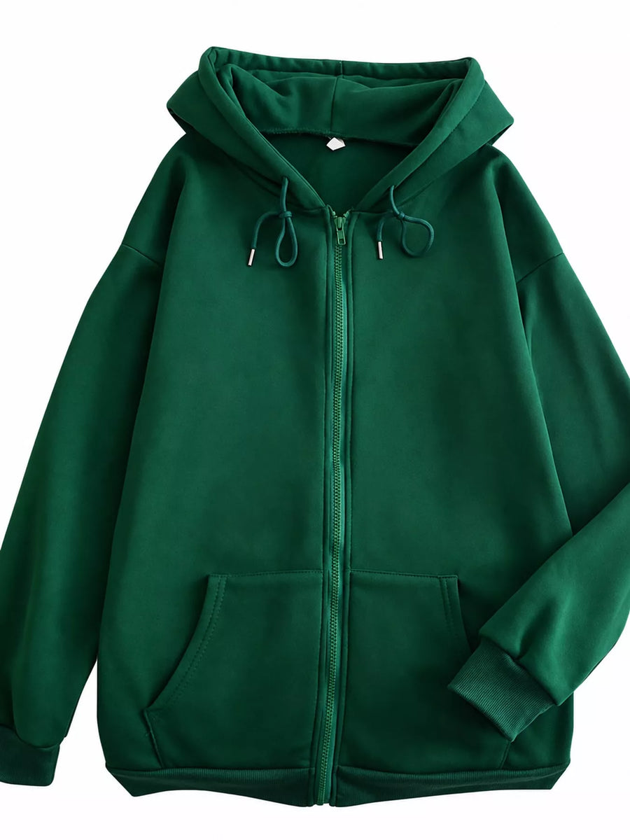 A dark green full-zip hoodie with a drawstring hood and front pockets, shown against a plain white background.
