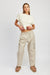 full front view of taupe color STRAIGHT LEG PANTS WITH ELASTIC WAIST BAND