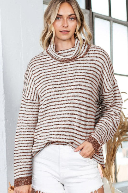 front view of close up view of Turtle neck stripe knit sweater poncho top brown