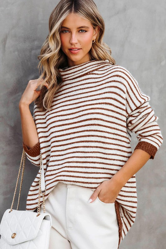 front view of Turtle neck stripe knit sweater poncho top brown