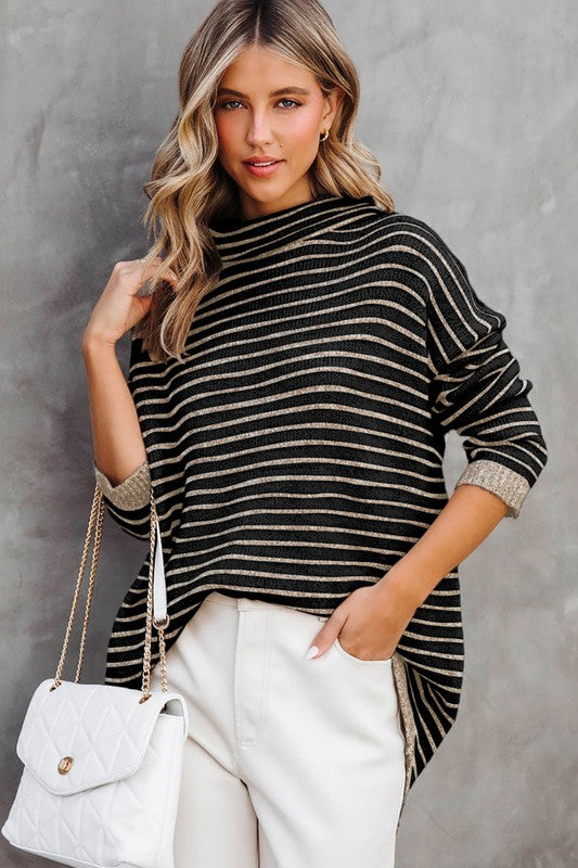front view of close up view of Turtle neck stripe knit sweater poncho top black