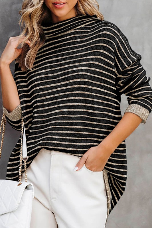 close up view of Turtle neck stripe knit sweater poncho top