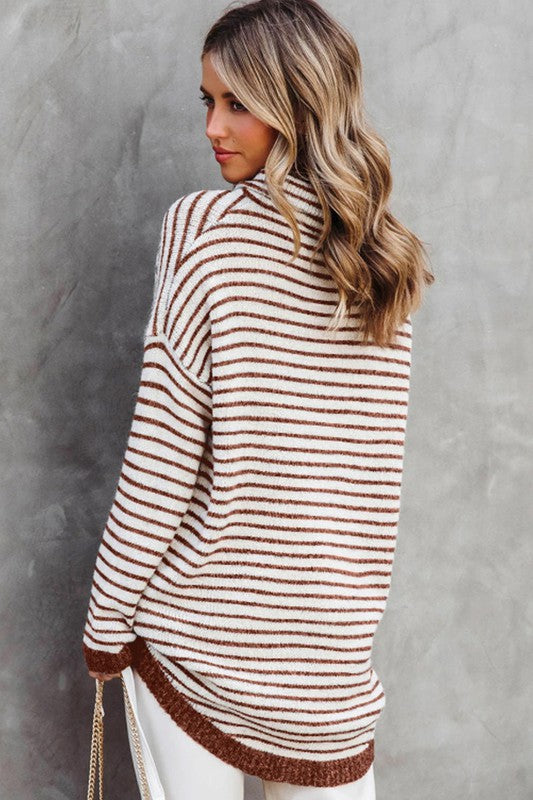 back view of Turtle neck stripe knit sweater poncho top brown
