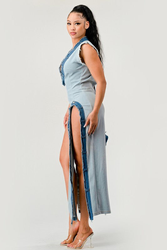 Side view of Denim Trip Pullover Dress