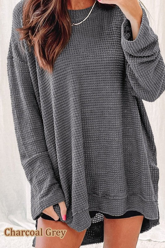 front view ofmWaffle Knit Drop Sleeve Side Slits Oversized Top gray