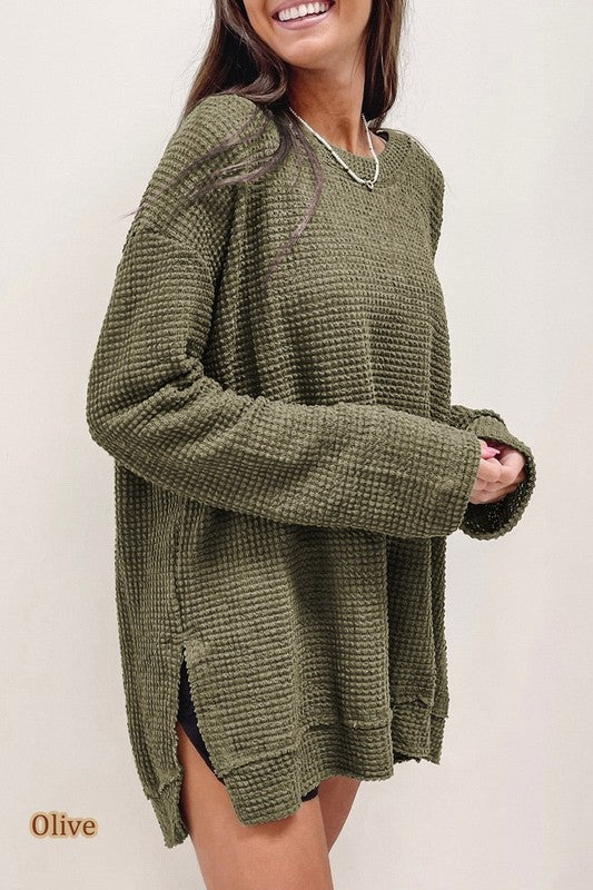 left side view of Waffle Knit Drop Sleeve Side Slits Oversized Top Green