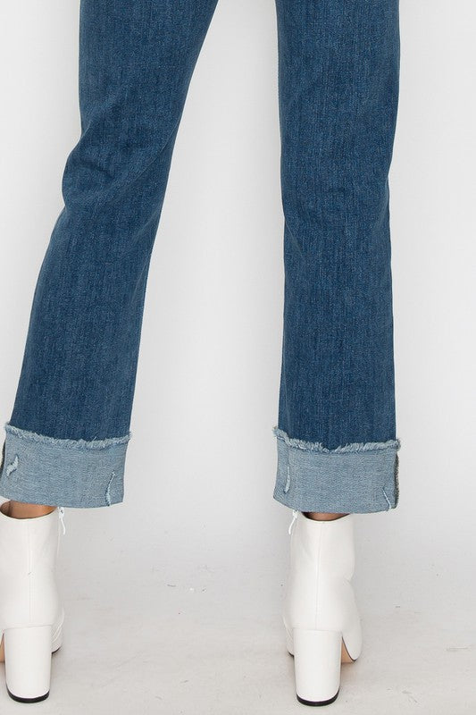 View of the cuff at the ankles on HIGH RISE STRAIGHT JEANS