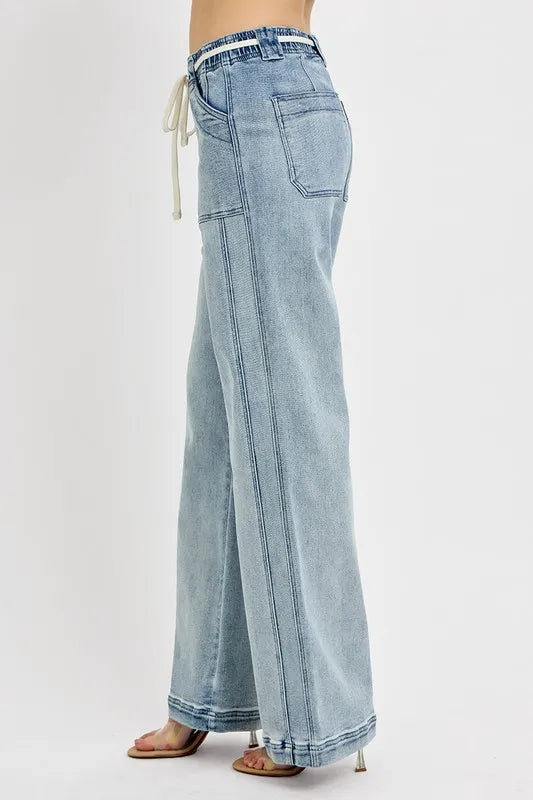 Light blue denim wide-leg pants with drawstring waist on a white background