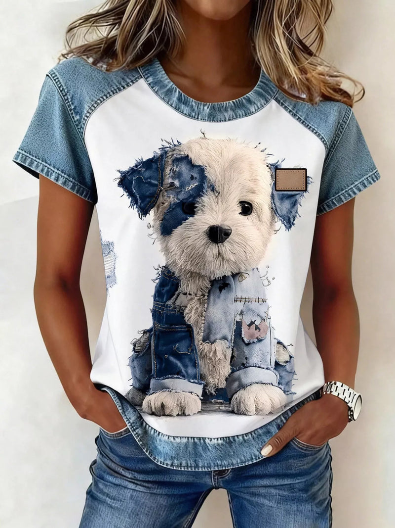 Person wearing a t-shirt with a dog graphic design