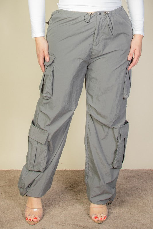 Front view of Plus Flap Pockets Drawstring Parachute Pants light gray