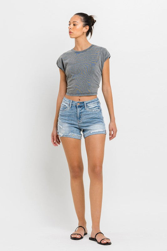 High Rise Cuffed Stretch Shorts for spring