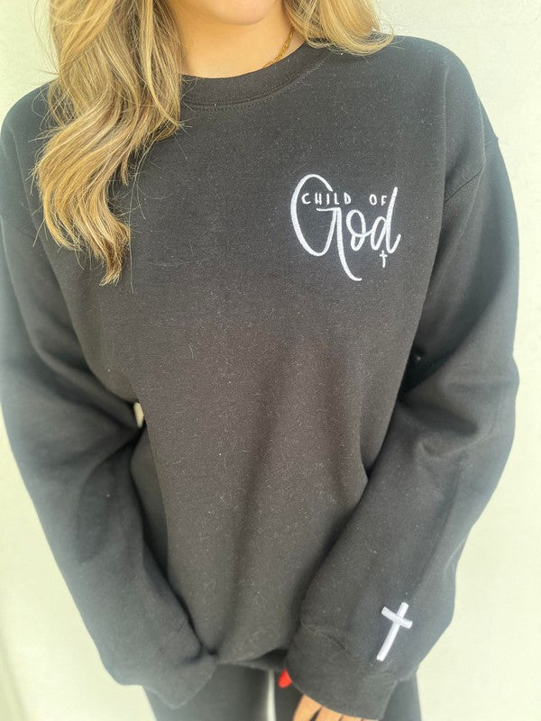 front view of logo on Child of God Embroidered Sweatshirt gray