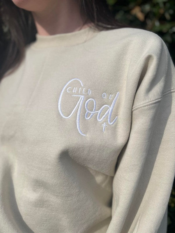 close up view of logo on Child of God Embroidered Sweatshirt