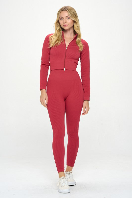 Red 2 Piece Ribbed Seamless Long Sleeve Zip Jacket set