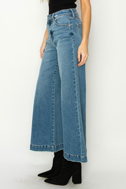 Right side view of HIGH RISE CROP PALAZZO JEANS