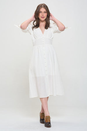 Cute PLUS 3/4 PUFF SLV TEXTURED BUTTON DOWN MIDI DRESS