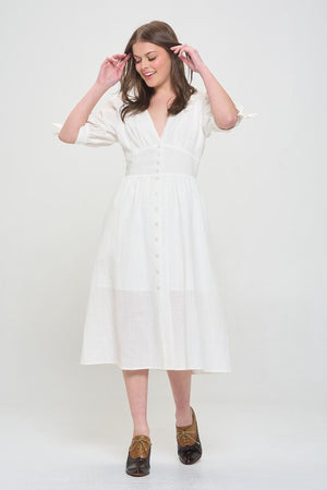 Pretty PLUS 3/4 PUFF SLV TEXTURED BUTTON DOWN MIDI DRESS