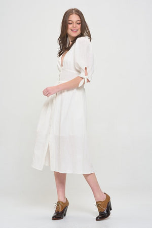 Left side of PLUS 3/4 PUFF SLV TEXTURED BUTTON DOWN MIDI DRESS