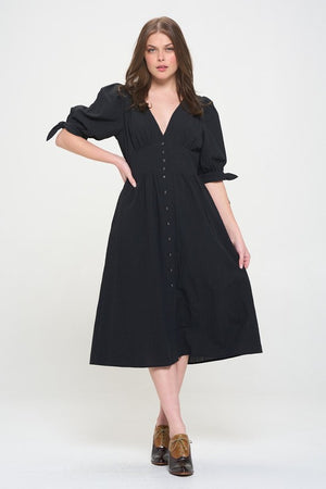 Full view of PLUS 3/4 PUFF SLV TEXTURED BUTTON DOWN MIDI DRESS