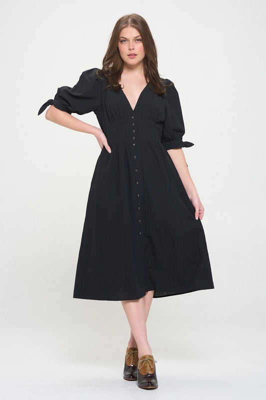 Full view of PLUS 3/4 PUFF SLV TEXTURED BUTTON DOWN MIDI DRESS