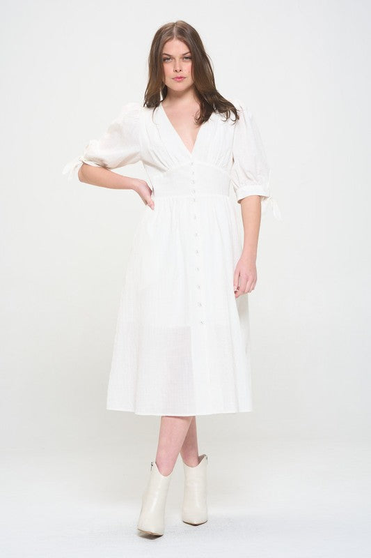White PLUS 3/4 PUFF SLV TEXTURED BUTTON DOWN MIDI DRESS
