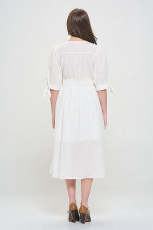 Back view of PLUS 3/4 PUFF SLV TEXTURED BUTTON DOWN MIDI DRESS