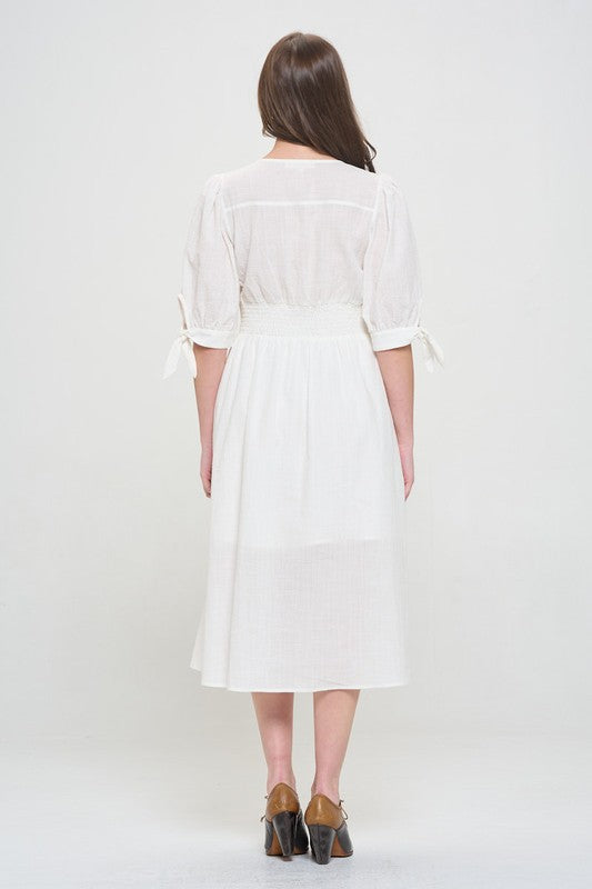 Back view of PLUS 3/4 PUFF SLV TEXTURED BUTTON DOWN MIDI DRESS