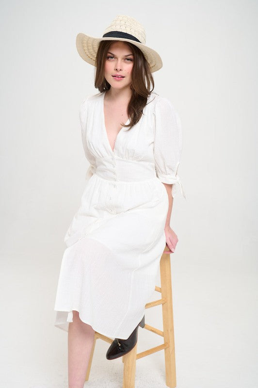 Full front view of PLUS 3/4 PUFF SLV TEXTURED BUTTON DOWN MIDI DRESS