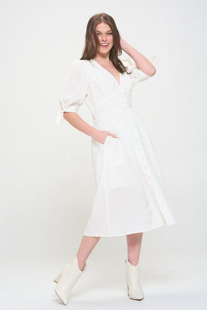 Side view of PLUS 3/4 PUFF SLV TEXTURED BUTTON DOWN MIDI DRESS