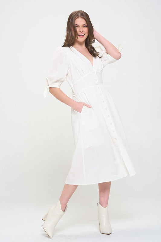 Side view of PLUS 3/4 PUFF SLV TEXTURED BUTTON DOWN MIDI DRESS