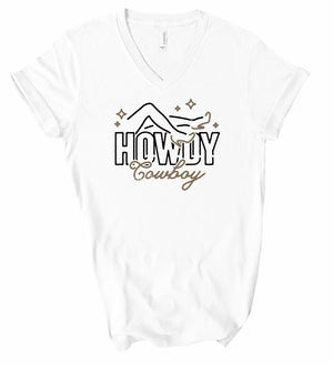 White V-Neck Howdy Cowboy Graphic Tee